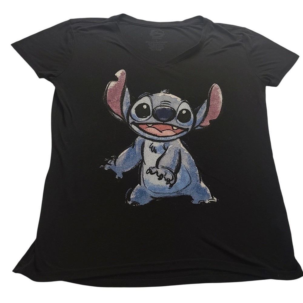 Disney Stitch Graphic V-Neck T-Shirt Women's Large Black Lilo & Stitch Cotton